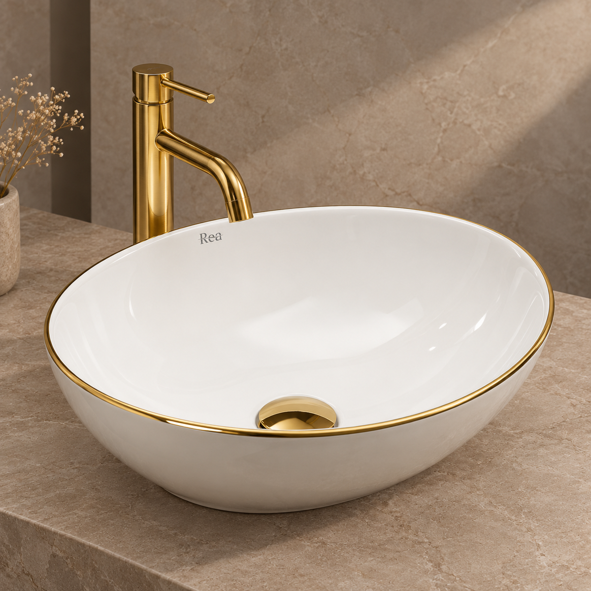 Aufsatzwaschbecken Sofia Gold Edge 41 × 34,5 cm – Weiß/Gold