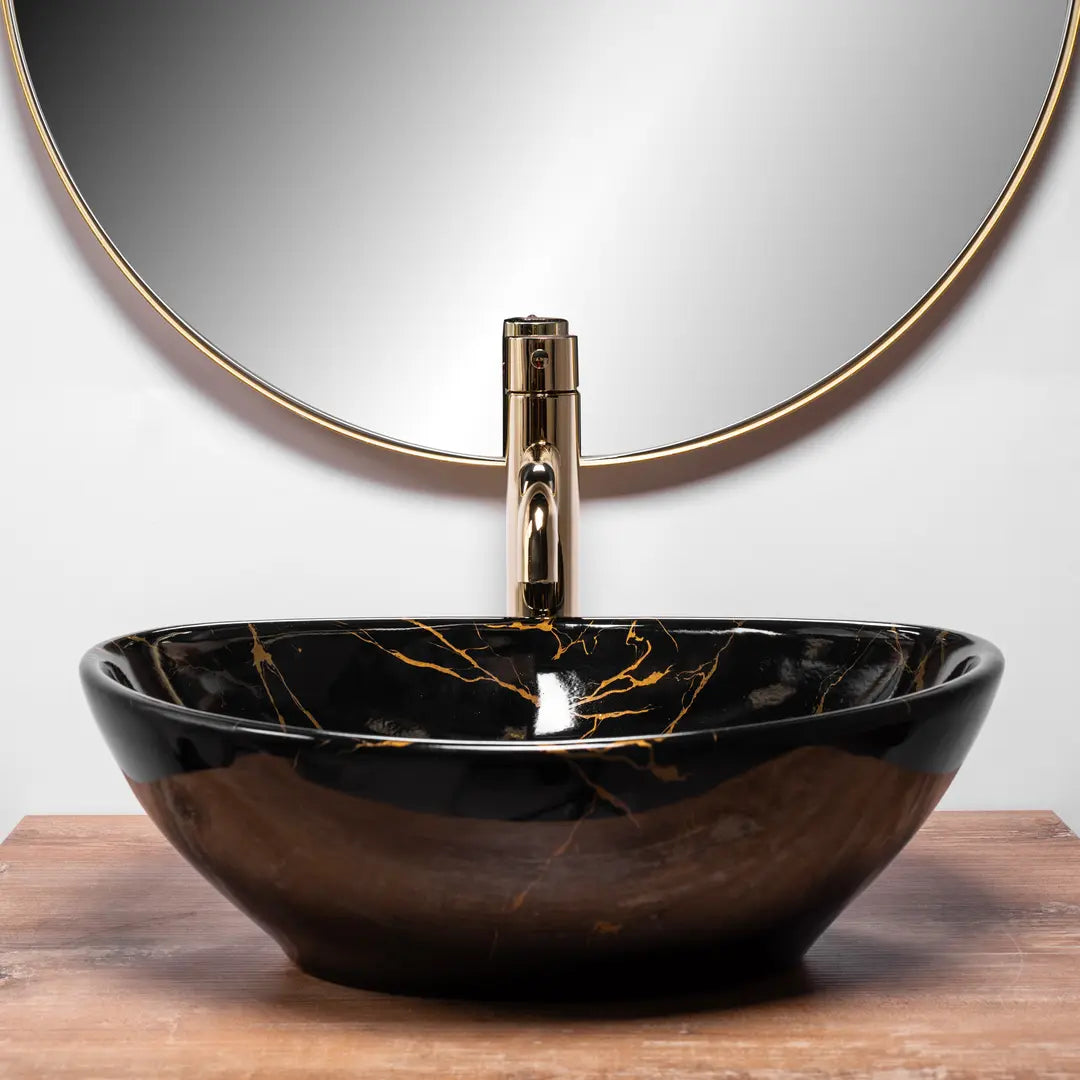 Aufsatzwaschbecken Sofia Black Marble 41 cm – Keramik Schwarz Gold