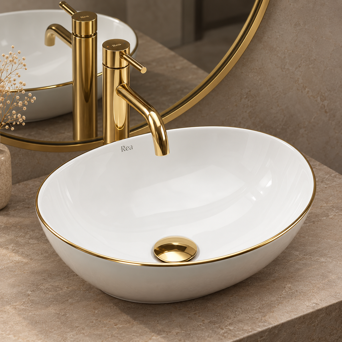 Aufsatzwaschbecken Sofia Gold Edge 41 × 34,5 cm – Weiß/Gold