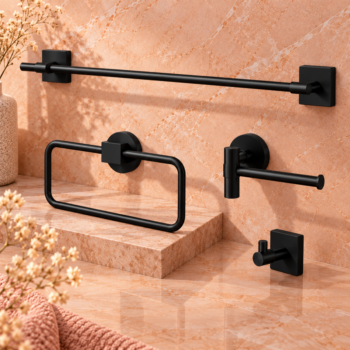 Badaccessoires-Set REA GRID – 4-teilig, Schwarz