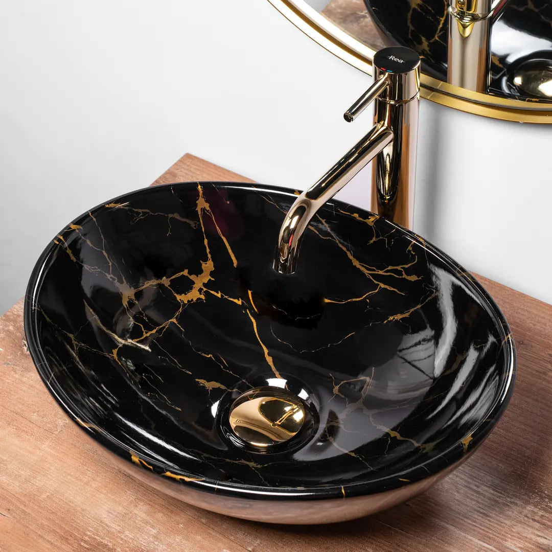 Aufsatzwaschbecken Sofia Black Marble 41 cm – Keramik Schwarz Gold