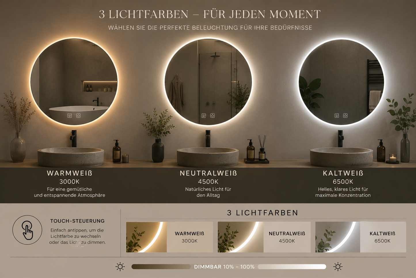 LED Badspiegel Rund 60 cm – Anti-Beschlag & Hintergrundbeleuchtung