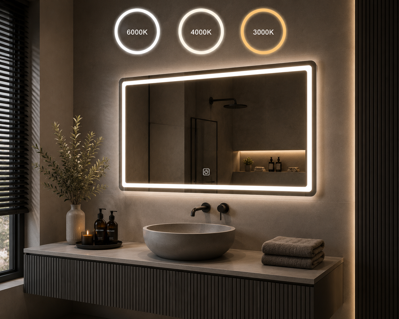 LED Badspiegel 80 × 60 cm –  Touch-Sensor & Dimmbar & 3 Lichtfarben