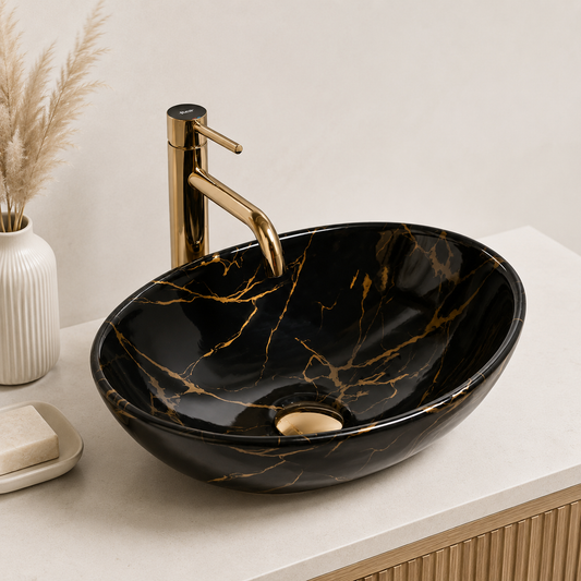 Aufsatzwaschbecken Sofia Black Marble 41 cm – Keramik Schwarz Gold